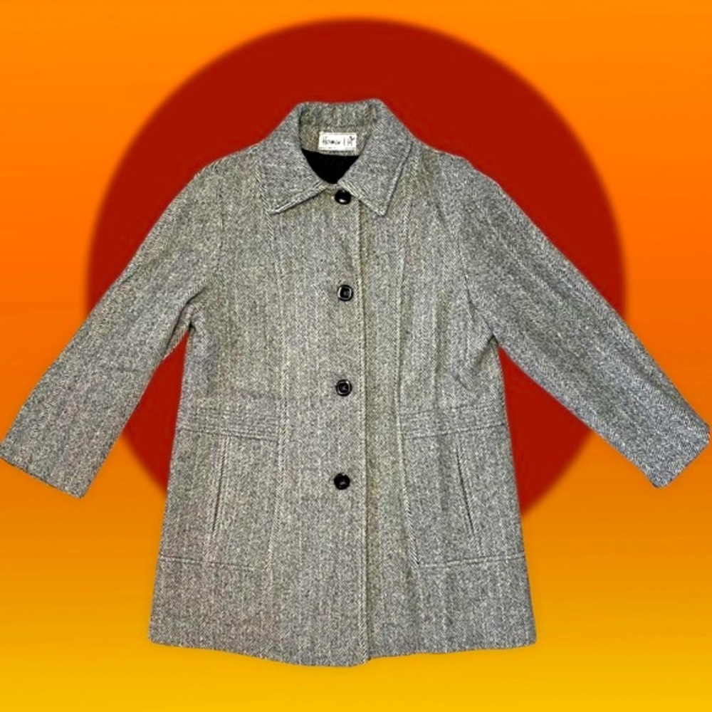💫Vintage 80s 90s does MOD Schoolgirl Prep Herman Kay Grey Herringbone Wool Coat